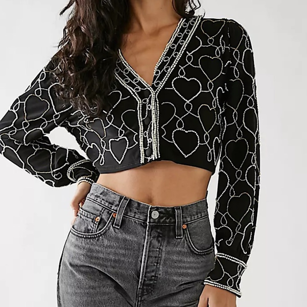 LoveShackFancy Norima Black Beaded Heart Crop Cardigan Jacket - Picture 2 of 16